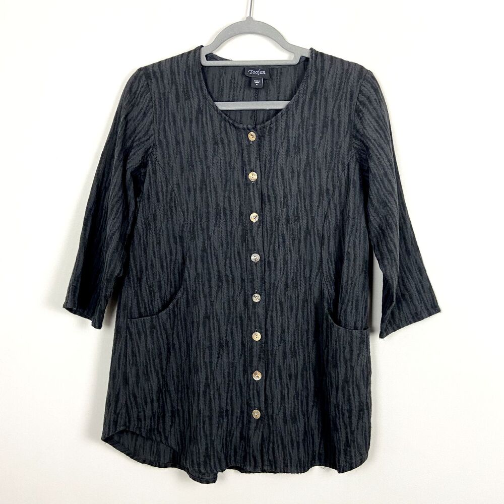 Toofan Top Womens Small Gray Lagenlook Button Up Pockets Textured Woven Classic